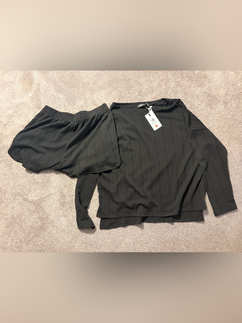 Merokeety Matching Lounge Set Black Textured Long Sleeve Top & Shorts